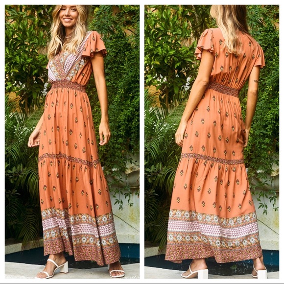 Fabulous Natalie Short Flowy Sleeves Print Maxi Boho Dress - Picture 2 of 3